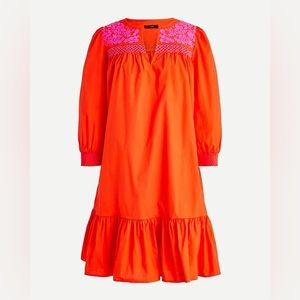 J. Crew Embroidered Popover Dress with Ruffle Hem XS Orange